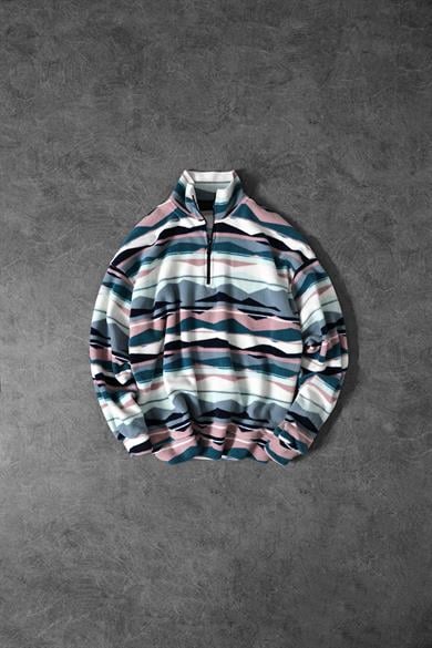 Erkek Üçgen Desen Yarım Fermuar Oversize Polar Sweatshirt
