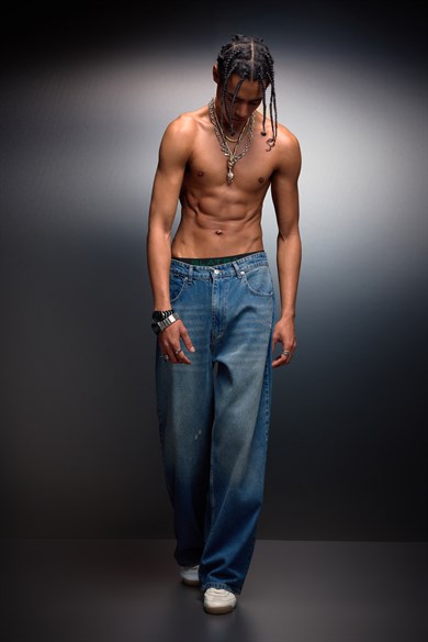 Erkek Vintage Mavi Baggy Denim Pantolon