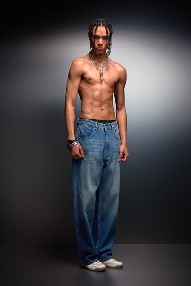 Erkek Vintage Mavi Baggy Denim Pantolon