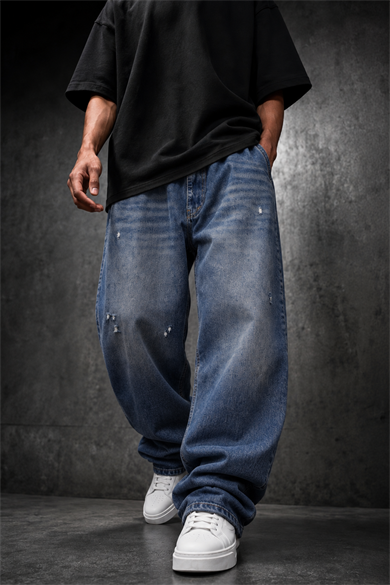 Erkek Vintage Mavi Baggy Denim Pantolon