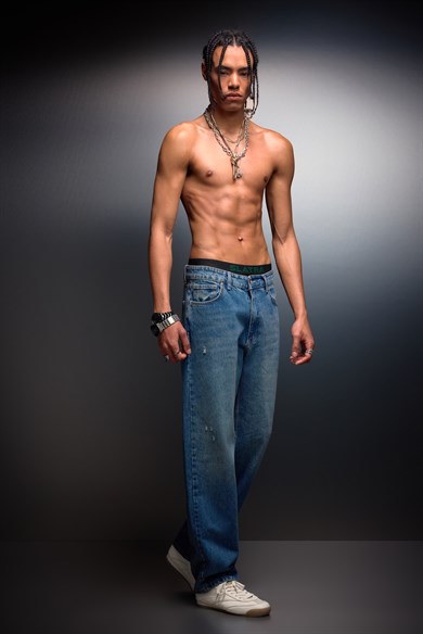 Erkek Vintage Mavi Straight Denim Pantolon