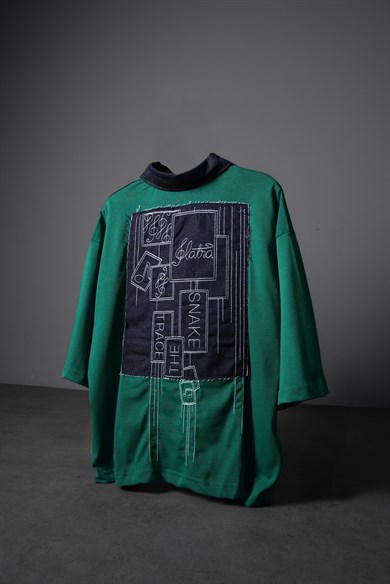 Erkek Yeşil Bite Back Yaka Detay Box Fit Tshirt