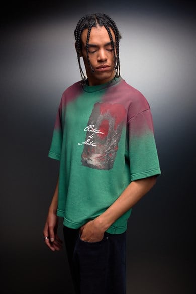 Erkek Yeşil Chateau Box Fit Yıkama Efektli Tshirt
