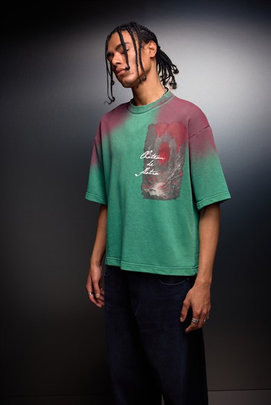 Erkek Yeşil Chateau Box Fit Yıkama Efektli Tshirt