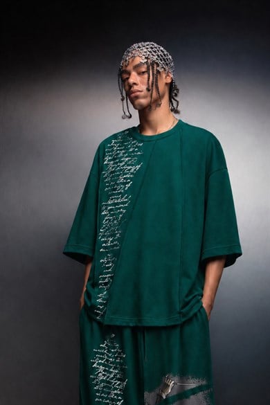 Erkek Yeşil Conductor Baskılı Parçalı Oversize Tshirt