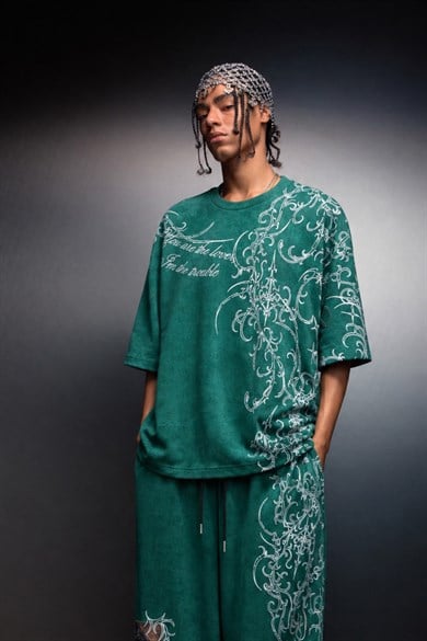 Erkek Yeşil Crow Patch Oversize Yıkama Efektli Tshirt