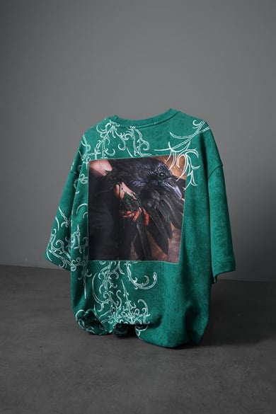 Erkek Yeşil Crow Patch Oversize Yıkama Efektli Tshirt