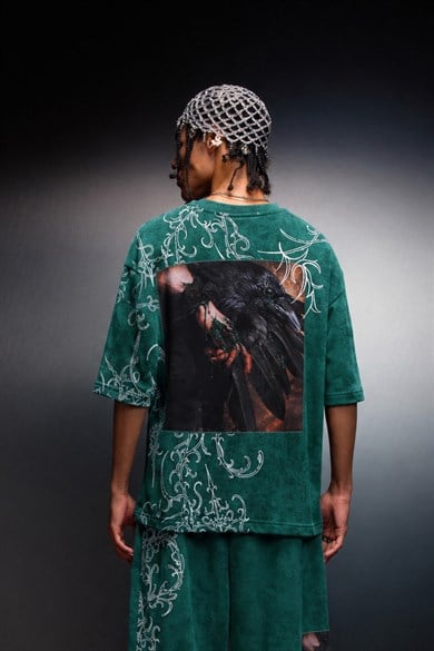Erkek Yeşil Crow Patch Oversize Yıkama Efektli Tshirt