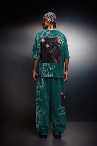 Erkek Yeşil Crow Patch Oversize Yıkama Efektli Tshirt