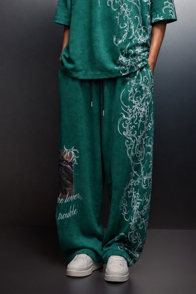 Erkek Yeşil Crow Patch Yıkama Efektli Baggy Eşofman