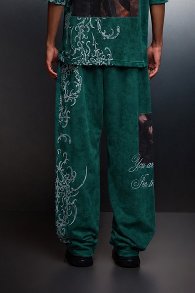 Erkek Yeşil Crow Patch Yıkama Efektli Baggy Eşofman