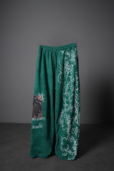 Erkek Yeşil Crow Patch Yıkama Efektli Baggy Eşofman