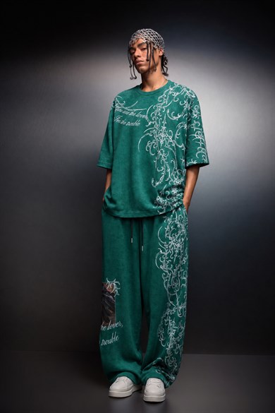 Erkek Yeşil Crow Patch Yıkama Efektli Baggy Eşofman