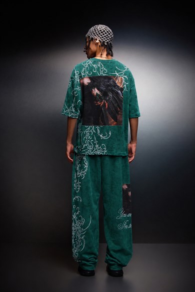 Erkek Yeşil Crow Patch Yıkama Efektli Baggy Eşofman