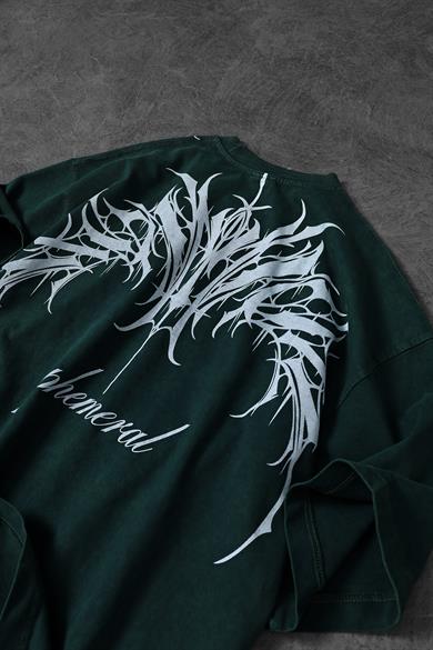Erkek Yeşil Ephemeral Baskılı Özel Yıkamalı Kumaş Oversize Tshirt