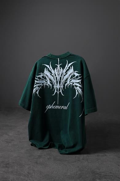 Erkek Yeşil Ephemeral Baskılı Özel Yıkamalı Kumaş Oversize Tshirt