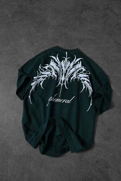 Erkek Yeşil Ephemeral Baskılı Özel Yıkamalı Kumaş Oversize Tshirt