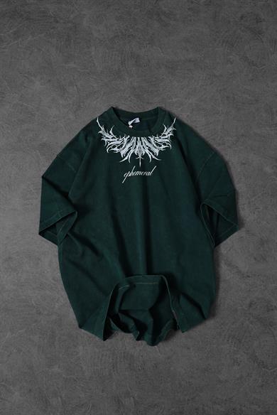 Erkek Yeşil Ephemeral Baskılı Özel Yıkamalı Kumaş Oversize Tshirt
