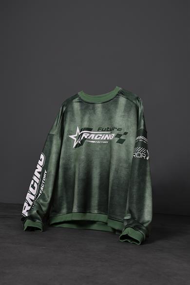 Erkek Yeşil Future Racing Baskılı Oversize Sweatshirt