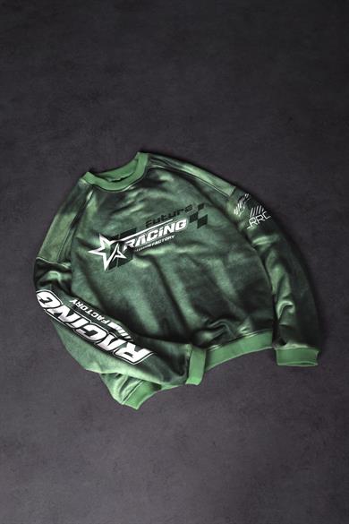 Erkek Yeşil Future Racing Baskılı Oversize Sweatshirt