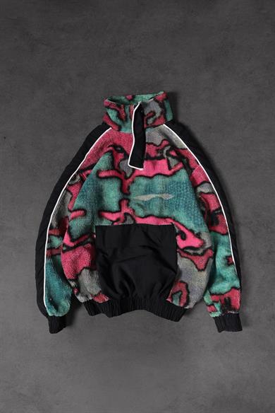 Erkek Yeşil Half Zip Desenli Peluş Sweatshirt