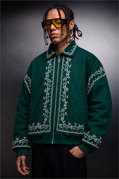 Erkek Yeşil IVY Nakışlı Bomber Ceket