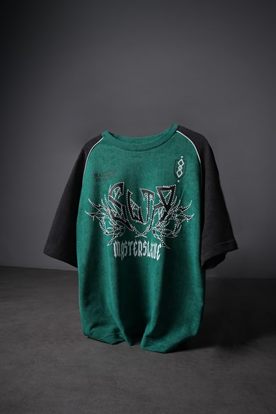 Erkek Yeşil Masters Baskılı Yıkama Efektli Oversize Tshirt