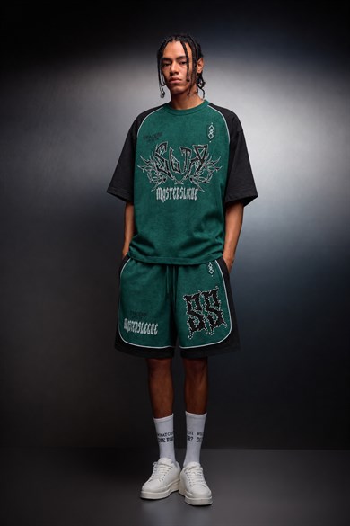 Erkek Yeşil Masters Baskılı Yıkama Efektli Oversize Tshirt