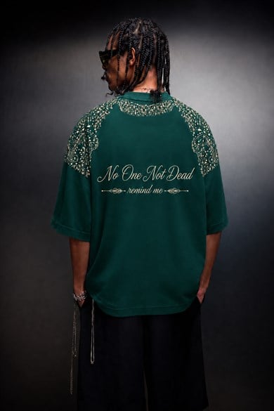 Erkek Yeşil No One Not Dead Baskılı Oversize Tshirt