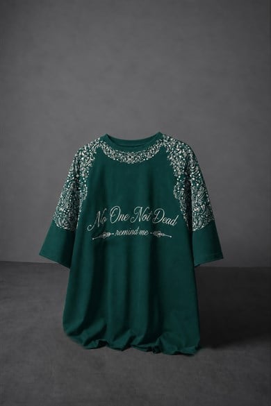 Erkek Yeşil No One Not Dead Baskılı Oversize Tshirt