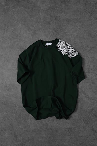 Erkek Yeşil Omuz ve Sırt Nakışlı Oversize Tshirt