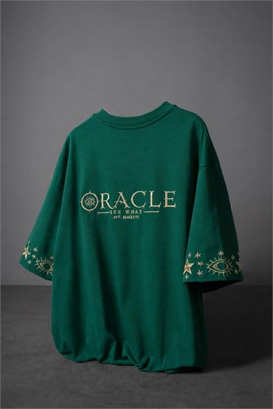 Erkek Yeşil Oracle Nakışlı Oversize Tshirt