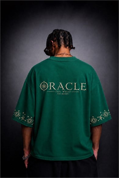 Erkek Yeşil Oracle Nakışlı Oversize Tshirt