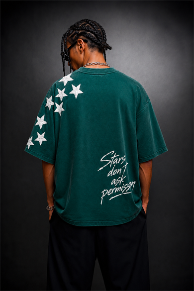 Erkek Yeşil Permission Aplike Nakışlı Oversize Tshirt