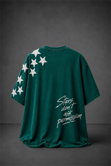 Erkek Yeşil Permission Aplike Nakışlı Oversize Tshirt