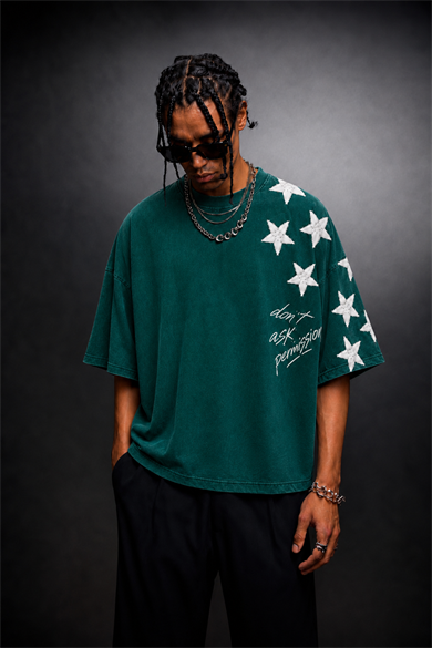 Erkek Yeşil Permission Aplike Nakışlı Oversize Tshirt