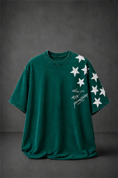 Erkek Yeşil Permission Aplike Nakışlı Oversize Tshirt