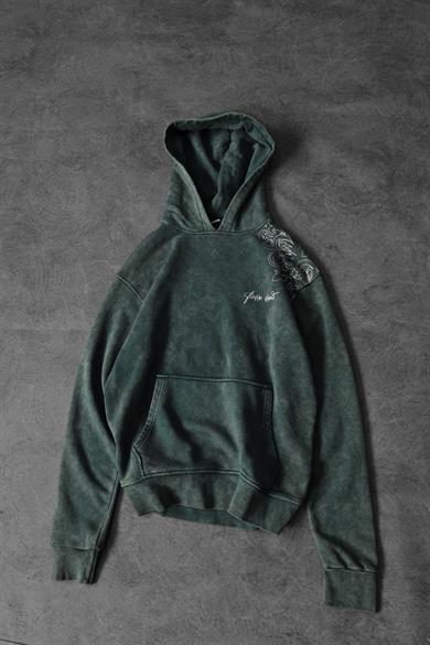 Erkek Yeşil Rose Özel Yıkamalı Oversize Kapüşonlu Sweatshirt