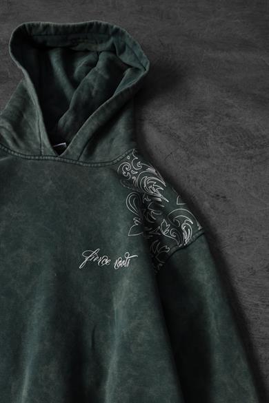 Erkek Yeşil Rose Özel Yıkamalı Oversize Kapüşonlu Sweatshirt