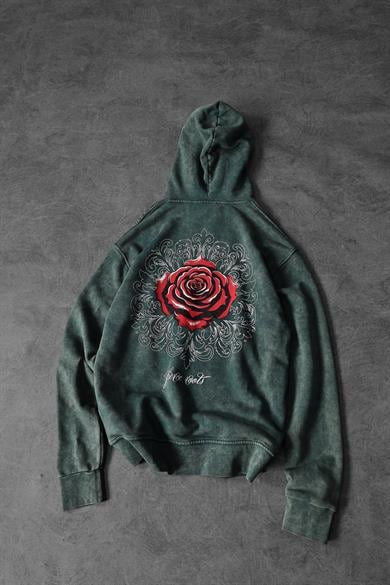 Erkek Yeşil Rose Özel Yıkamalı Oversize Kapüşonlu Sweatshirt