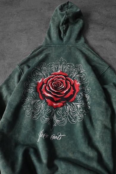 Erkek Yeşil Rose Özel Yıkamalı Oversize Kapüşonlu Sweatshirt