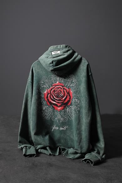 Erkek Yeşil Rose Özel Yıkamalı Oversize Kapüşonlu Sweatshirt