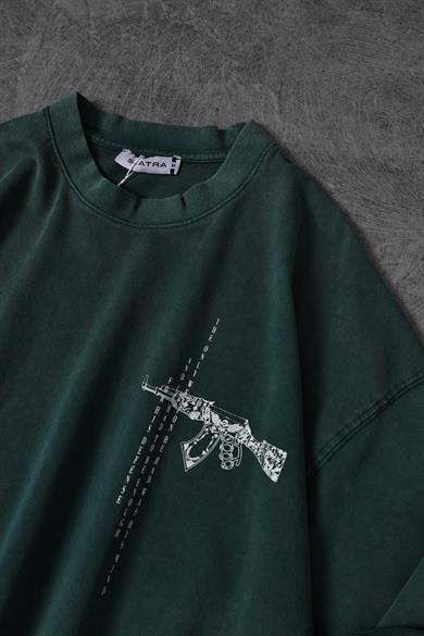 Erkek Yeşil S-47 Özel Yıkamalı Kumaş Oversize Tshirt