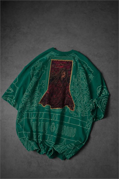 Erkek Yeşil Sanctum Kadife Patch Oversize Tshirt