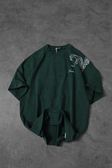 Erkek Yeşil Snake Nakışlı Özel Yıkamalı Kumaş Oversize Tshirt