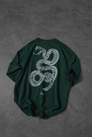 Erkek Yeşil Snake Nakışlı Özel Yıkamalı Kumaş Oversize Tshirt