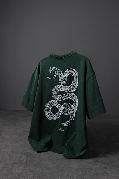 Erkek Yeşil Snake Nakışlı Özel Yıkamalı Kumaş Oversize Tshirt