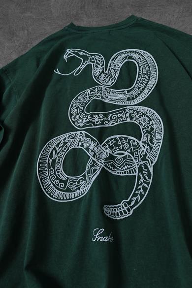 Erkek Yeşil Snake Nakışlı Özel Yıkamalı Kumaş Oversize Tshirt