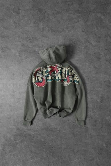 Erkek Yeşil Snake Yıkamalı Kapüşonlu Oversize Sweatshirt