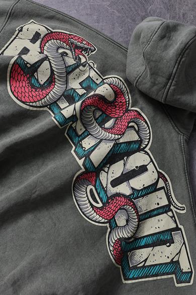 Erkek Yeşil Snake Yıkamalı Kapüşonlu Oversize Sweatshirt
